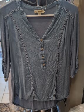 Democracy Blue Embroidered V-Neck Tunic with Button Placket